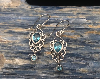 Multi-Stone Blue Topaz Earrings // 925 Sterling Silver // Victorian Style Topaz Earrings // Blue Topaz Earrings // December Birthstone