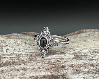 Bali Style Onyx Ring // Ethnic Style Sterling Silver Ring with Black Onyx // Size 5 to 10