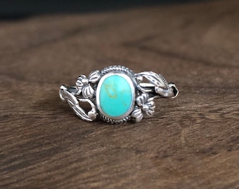 Floral Design Bali Turquoise Ring // 925 Sterling Silver Turquoise // Oxidized Turquoise Ring // Silver Turquoise Ring