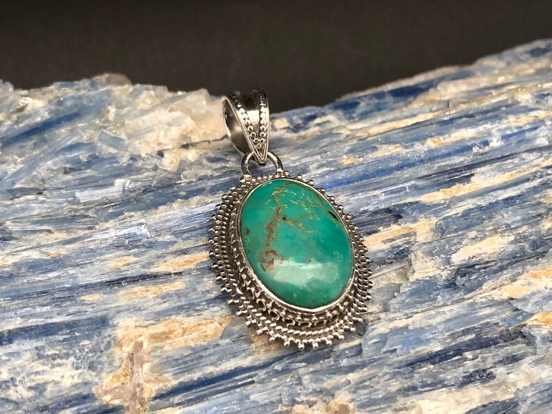 Turquoise Pendant Oval Beaded Bali Setting Sterling Silver Turquoise Jewelry