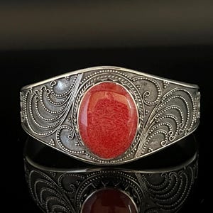 Bali Style Red Coral Cuff Bracelet with Granulation // 925  Sterling Silver // 6 Inches