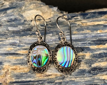 Abalone Earrings // 925 Sterling Silver // Oval Bali Setting // Natural Abalone Shell Earrings