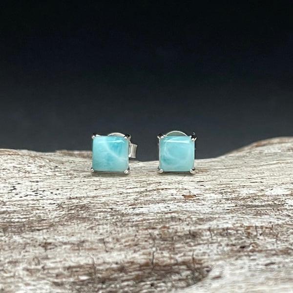 Square Larimar Post Earrings // Sterling Silver // 6mm