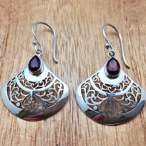 Garnet Teardrop Earrings // 925 Sterling Silver // Hypoallergenic // Hook Backing // Bali Fan Setting