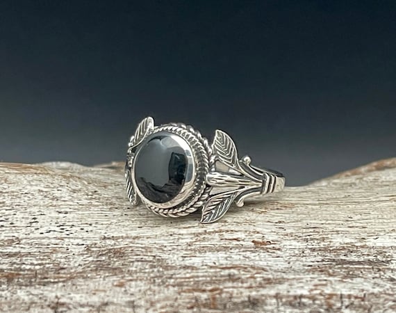 Leaf Design Black Onyx Ring // 925 Sterling Silver // Oxidized// Size 5 to 10