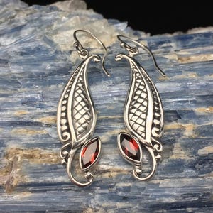 Dangly Leaf Garnet Earrings // Bali Garnet Earrings // 925 Sterling Silver // Garnet Earrings