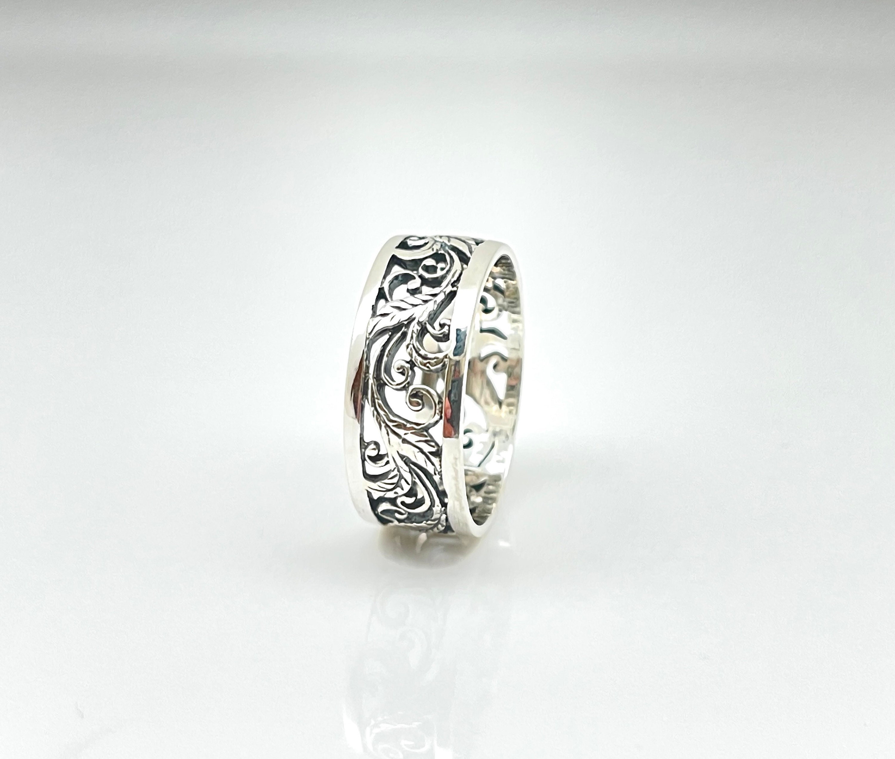 Oxidized Tree Leaf Vine Filigree Ring - 925 Sterling Silver Band, Sizes 5-10