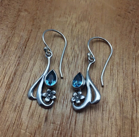 Tropical Floral Earrings with Blue Topaz // Plumeria Earrings // Sterling Silver