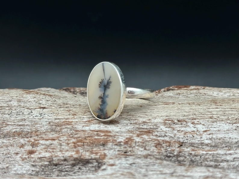 K&ouml;nnte beinhalten: Ovaler Ring mit Silberband. Der Ring hat einen cremefarbenen Stein mit einem schwarzen und grauen dendritischen Muster. Der Ring liegt auf einer Holzoberfl&auml;che.