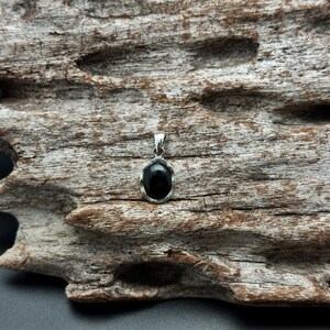 Puede incluir: Un colgante de plata con una piedra negra ovalada. El colgante se encuentra sobre un trozo de madera flotante desgastada. La madera tiene un aspecto natural y texturizado con varios agujeros e imperfecciones.