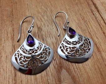 Filigree Fan Earrings with Amethyst // 925 Sterling Silver // Bali Setting // Hook Backing