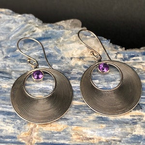 Dangly Disk Bali Earrings // Amethyst Disk Hoop Earrings // Hypoallergenic // 925 Sterling Silver