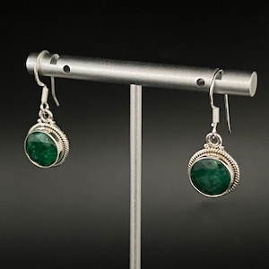 Green Emerald Earrings // 925 Sterling Silver // Braided Round Setting // Handmade