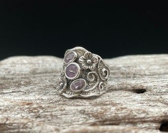 Multi-Stone Amethyst Flower Ring // 925 Sterling Silver // Size 9