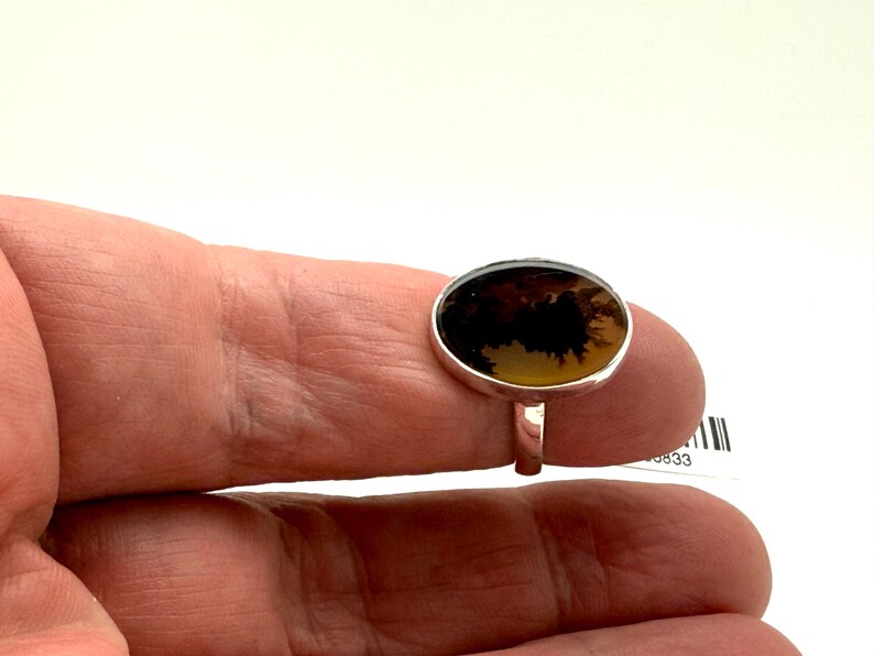 Pu&ograve; includere: Un anello d'argento con una pietra di agata dendritica marrone e nera. La pietra &egrave; di forma ovale e presenta un motivo naturale e organico.