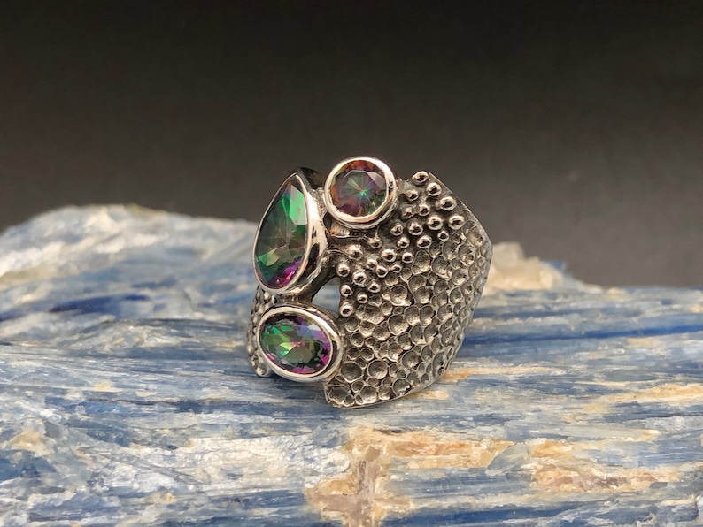 Multi-Stone Mystic Topaz Ring Size 7 925 Sterling Silver Oxidized Beaded Mystic Topaz Ring