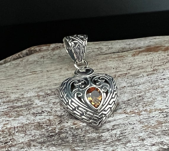Bali Heart Pendant with Citrine Pendant // 925 Sterling Silver // Handmade