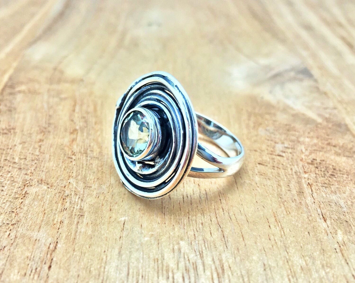 Silver Swirl Green Amethyst Ring // 925 Sterling Silver // Natural Green Amethyst // Oxidized Swirl Setting // Size 7