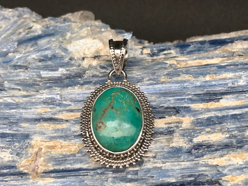 Turquoise Pendant Oval Beaded Bali Setting Sterling Silver Turquoise Jewelry
