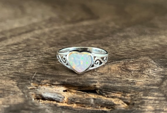 Opal Heart Swirls Silver Ring // 925 Sterling Silver // Sizes 5 to 10