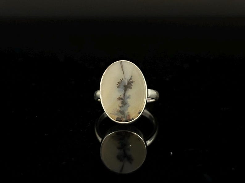 K&ouml;nnte beinhalten: Ovaler Ring mit einem Dendritenachat-Stein. Der Stein hat einen cremefarbenen Hintergrund mit schwarzen und grauen, baumartigen Einschl&uuml;ssen. Der Ring hat ein silberfarbenes Band und eine Fassung.