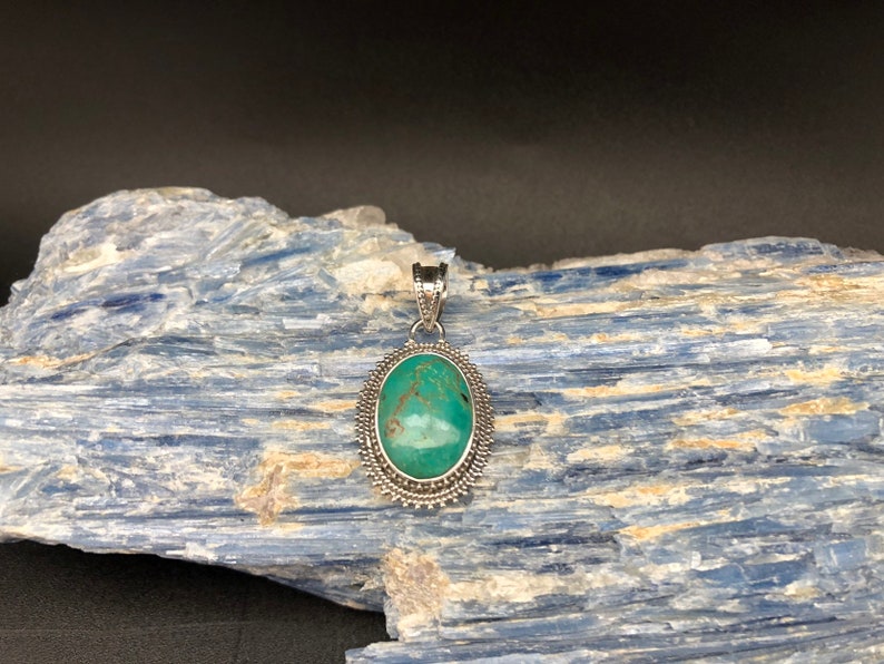 Turquoise Pendant Oval Beaded Bali Setting Sterling Silver Turquoise Jewelry