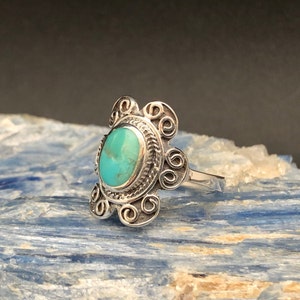 Oxidized Sterling Silver Turquoise Ring - Bali Swirl Design
