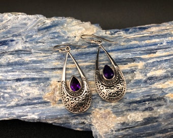 Amethyst Earrings // Bali Teardrop Amethyst Earrings // Sterling Silver