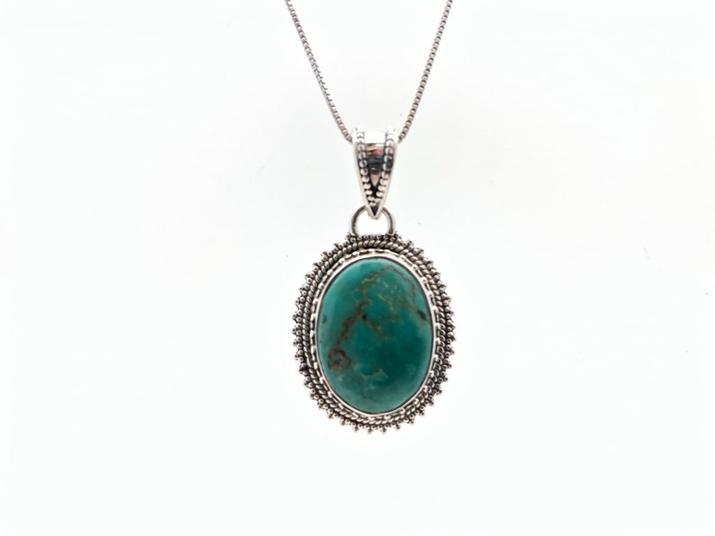 Turquoise Pendant Oval Beaded Bali Setting Sterling Silver Turquoise Jewelry