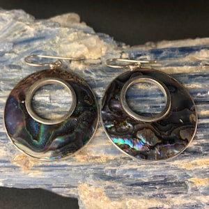 Abalone Shell Earrings // 925 Sterling Silver // Circular Setting // Hook Backing