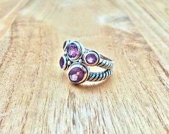 Multi-Stone Amethyst Silver Ring Size 7 // 925 Sterling Silver // Oxidized Rope Setting