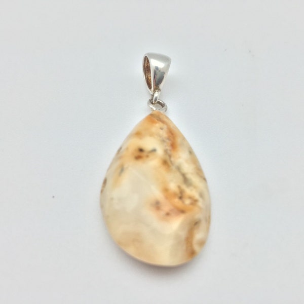 Natural Baltic Amber Pendant // 925 Sterling Silver // White Milky Color // Cut Polished in the Baltics //