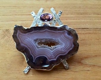 Pingente de cristal de diodo de ametista e ágata // Prata esterlina 925 // Acabamento martelado