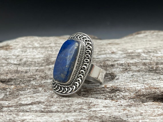 Oxidized Sterling Silver Lapis Lazuli Ring - Bali Style Size 10
