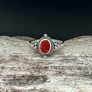 Beaded Red Carnelian Ring // 925 Sterling Silver // Sizes 5 to 10 // Oxidized Bali Carnelian Ring