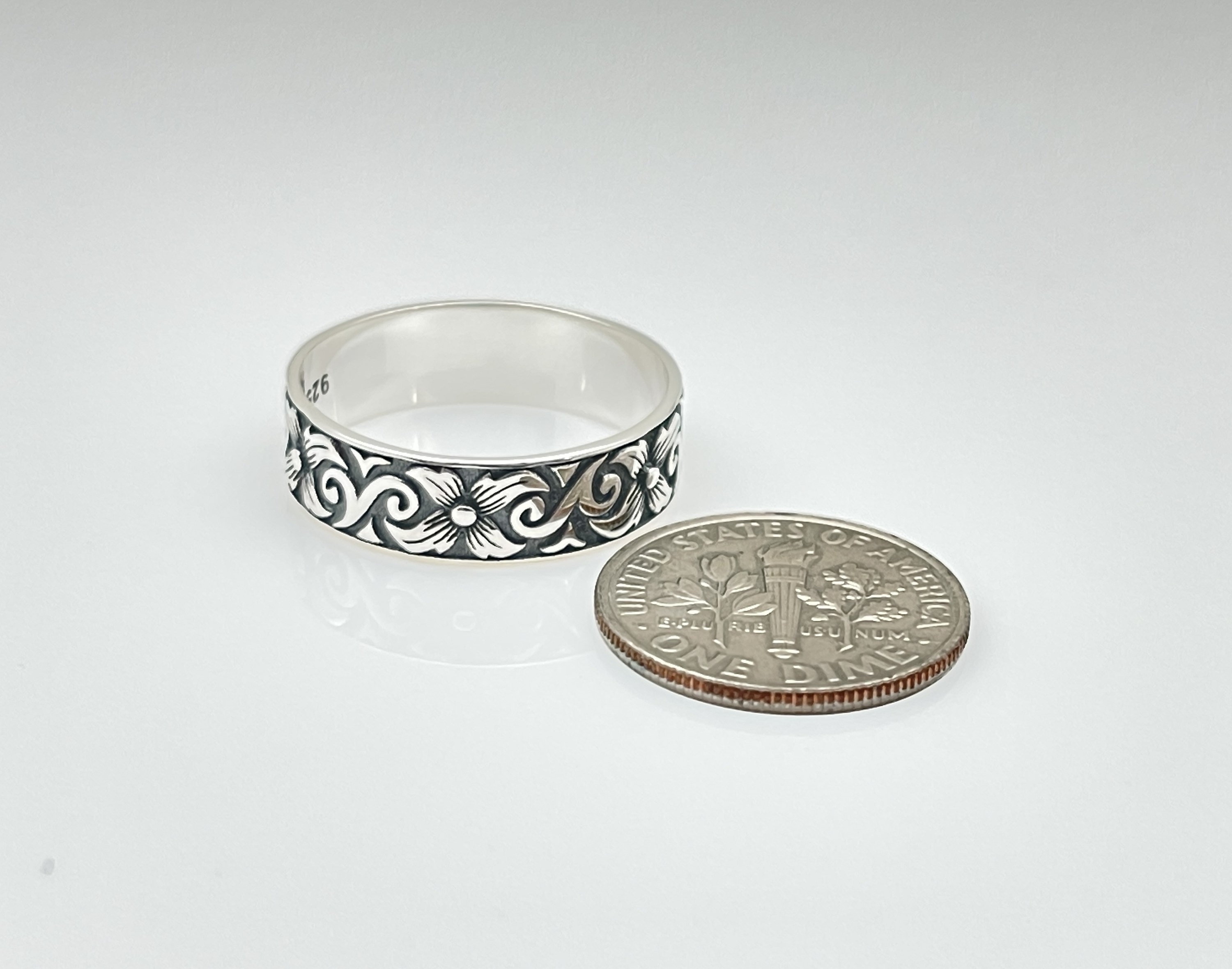 Oxidized Vintage Flower Filigree Ring - 925 Sterling Silver Band, Sizes 5-10 - View #11