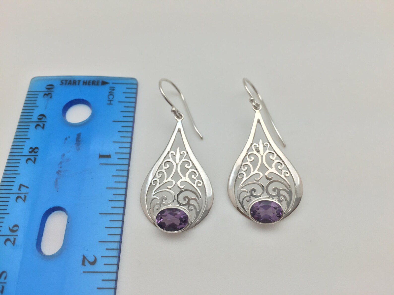 •EQUA-ORBIT• chevron amethyst tear + silver earrings