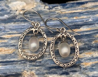 Framed Pearl Earrings // Bali Pearl Earrings // Floating Pearl Earrings // Sterling Pearl Earrings // 925 Sterling Silver