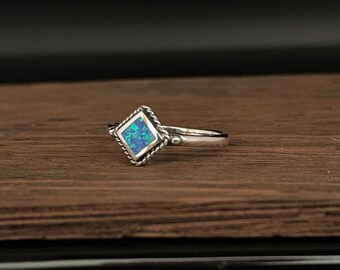 Sterling Silver Blue Opal Ring, Square Opal Ring, Vintage Rope Design, October Birthstone Jewelry, Everyday Gift
