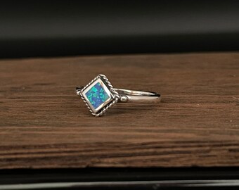 Squared Blue Opal Ring // Oxidized Rope Design // Sizes 5-10 available