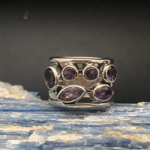 Multi-Stone Amethyst Ring Size 10 // 925 Sterling Silver // Oxidized Etched Setting // Amethyst Cluster Ring // Wide Band Amethyst Ring