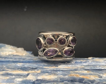 Multi-Stone Amethyst Ring Size 10 // 925 Sterling Silver // Oxidized Etched Setting // Amethyst Cluster Ring // Wide Band Amethyst Ring