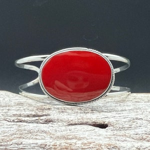 Bali Style Red Coral Cuff Bracelet // 925  Sterling Silver // 7 Inches // Red Coral Cuff Bracelet