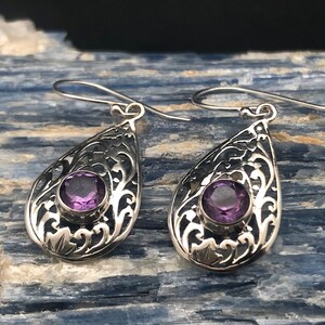 Amethyst Earrings // Oval Amethyst Earrings // 925 Sterling Silver // Bali Cut-out Filigree Swirl Setting // Hook Backing