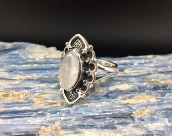 Rainbow Moonstone Ring // 925 Sterling Silver // Oxidized Hand Cast Setting - Size 9