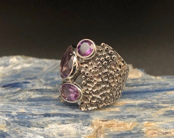 Multi-Stone Amethyst Ring // 925 Sterling Silver // Oxidized Beaded Silver Amethyst  Ring