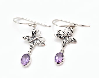 Amethyst Butterfly Earrings: Dangly 925 Sterling Silver, Hypoallergenic