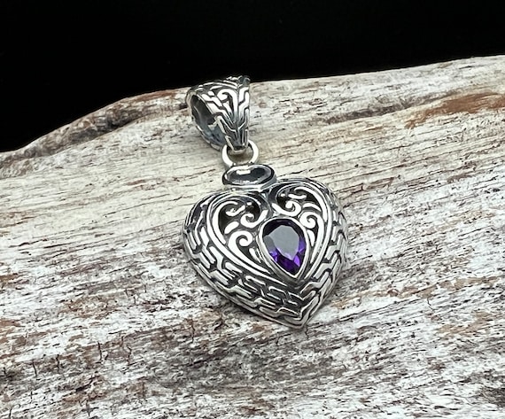Bali Heart Pendant with Amethyst Pendant // 925 Sterling Silver