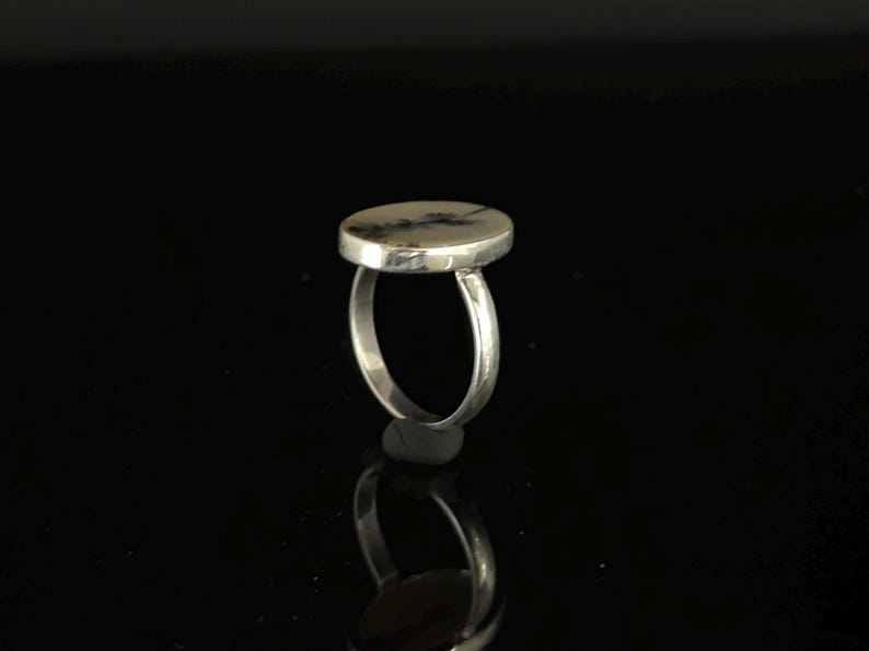 K&ouml;nnte beinhalten: Ein silberner Ring mit einem gro&szlig;en, ovalen Stein. Der Stein hat eine cremefarbene Basis mit dunkelgrauen und schwarzen Mustern. Der Ring ist vor einem schwarzen Hintergrund platziert, mit einer Reflexion darunter.