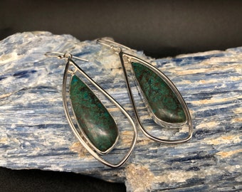 Chrysocolla Earrings // Dangly Sterling Silver Setting // Blue Green Chrysocolla Earrings // Hook Backing